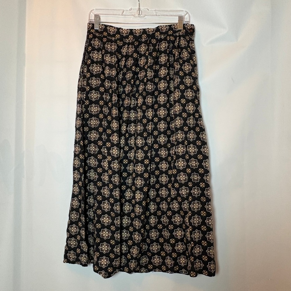 Vintage Joan Leslie Black Geometric Print Midi Skirt Women's Size 12 Pleated 90s